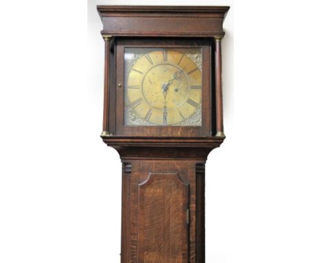 An 18thC longcase clock, with 25cm Dia. Roman numeric dial signed Lanley Rudgley with raised brass spandrels, in a square hoo