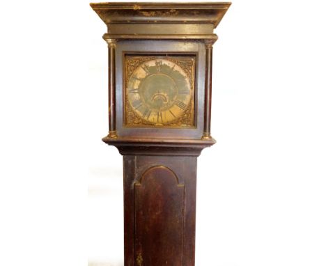 An 18thC longcase clock,  the 28.5cm W brass dial signed George Bishop, Redmile, with raised spandrels, Roman numeric chapter