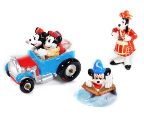 Two Disney Japanese pottery figures, Goofy playing drum, 15cm H, Fantasia and a Schmid Walt Disney clockwork Mickey and Minni