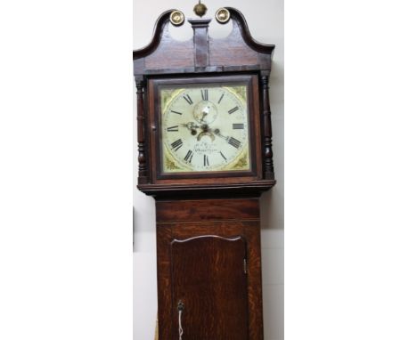 An early 19thC oak and mahogany longcase clock, the 28cm W square dial signed W M Green Grantham, with Roman numerals, subsid