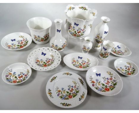 Various 20thC Aynsley Cottage Garden pottery, to include jardiniere, 14cm H, with pierced edge, vases, plates, saucers, etc. 