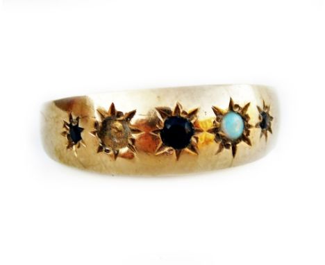 A Victorian 9ct gold gypsy ring, set with five illusion star set stones, including opals and sapphires (1 opal missing), 2.6g