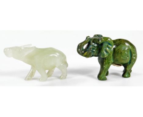 A polished light jade finish figure of a standing bison, 4cm H, and a Verdite South African polished figure of an elephant.  