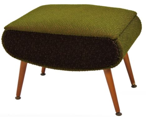 A vintage 1960's teak sewing stool, overstuffed with hinged lid, plain interior, cylindrical legs and compressed metal feet, 