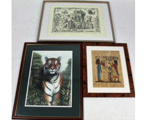 20thC School.  Tiger, first edition print no. 10/50, signed, 56cm x 39cm, an Egyptian papyrus mixed media and a Transfigurati