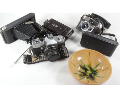 Various cameras and related items, Praktica LT13, 9cm H, with 7863509 lens, Halina case with Anastigmat 1:2.8F=4.5mm FC Halin