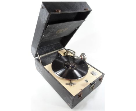 A mid 20thC Decca table top gramophone, with chrome plated arm and articulated baize lined turntable, 24cm Dia., in pressed b