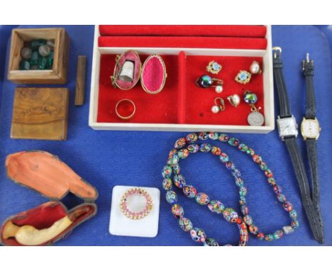 Bygones, collectables, gold plated wedding band, 17 jewel wristwatch with 2cm W face, egg thimble case and thimble, costume b