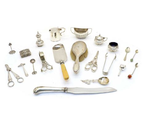 A collection of silver items, comprising a pair of grape scissors, GJ over DF, London 1900, an assortment of mustard pots, pe