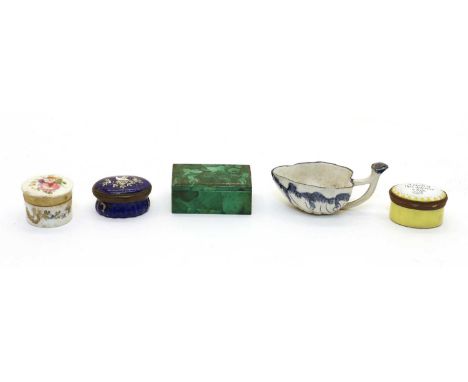 Two enamel patch boxes, early 19th century, one inscribed 'A pinch of this deserves a kiss', the other with an enamelled bird