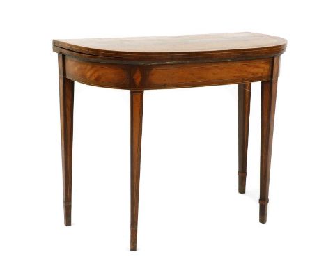 A George III strung, crossbanded, inlaid and rosewood fold-over card table, on square tapering supports, 92cm wide x 74cm hig