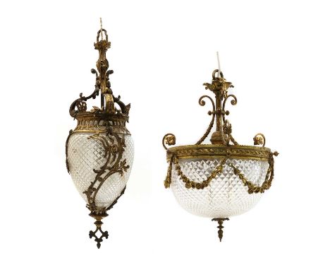 A cut-glass ceiling light, with ornate gilt metal mounts, 40cm high, 30cm diameter and another with a moulded glass shade and