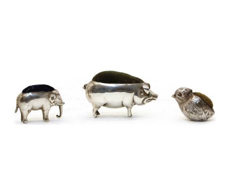 A novelty silver pin cushion in the form of a pig, Adie &amp; Lovekin Ltd, Birmingham 1905, modelled on all fours with the ba