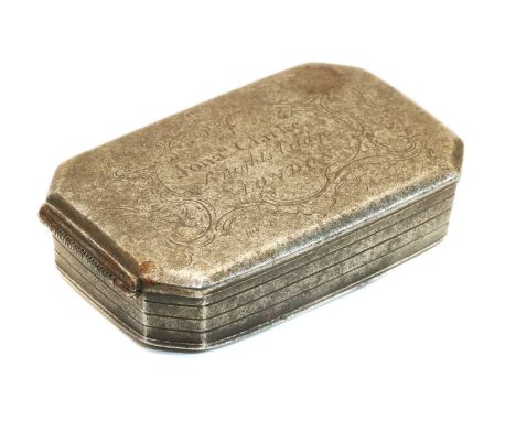 A George II steel tobacco box, of rectangular form, with canted corners, the top inscribed 'Jonah Clark Knightsbridge London 