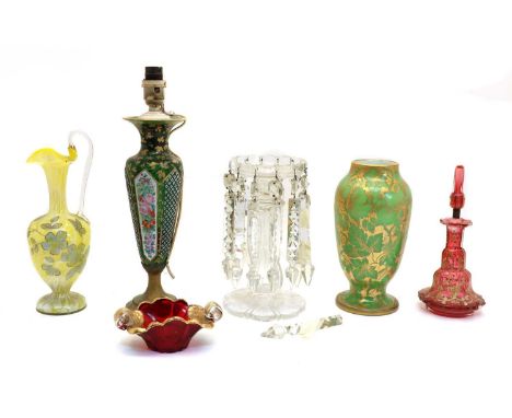 A Victorian clear glass table lustre, with prismatic drops, 25cm high, a Bohemian ruby glass scent bottle and stopper with gi