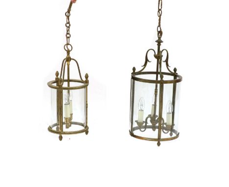 A small brass framed cylindrical hall lantern, circa 1900, with three branch light cluster, 26cm wide x 56cm high, and anothe