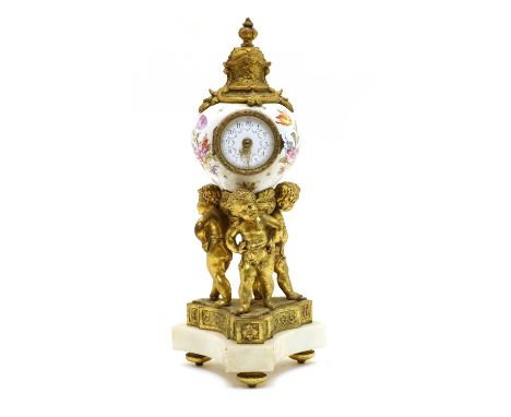 A Dresden style table clock, late 19th century, the porcelain body painted with flowers, housing a drum movement within gilt 