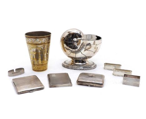 Three silver cigarette cases, Birmingham, 1907, 1926 &amp; 1936, an angular silver napkin ring, Birmingham, 1933, a Georg Jen