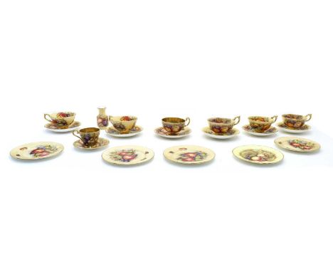 A collection of Aynsley 'Orchard Gold' dinner and teaware, comprising items signed by N Brunt including hexagonal vase, 9cm h