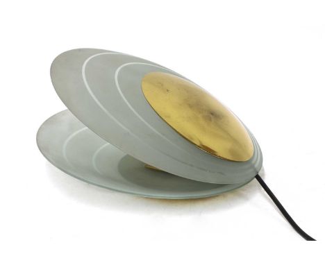 An Italian table lamp, designed in the manner of Angelo Brotto, in the form of a clamshell, the etched glass panels mounted o