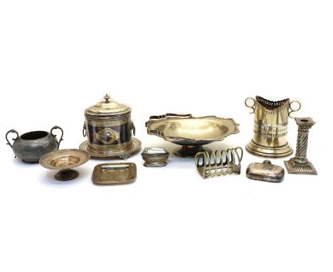 A collection of silver plated items, comprising candlesticks, a Mappin &amp; Webb Prince's Plate biscuit barrel, swing handle