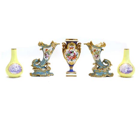 A pair of porcelain cornucopia vases, late 19th century, 26cm high, a pair of Dresden style bottle vases, early 20th century,