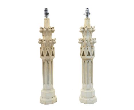 A pair of composite gothic revival table lamps, late 20th century, retailed by Allan Vaughan Ltd of Malvern, each of octagona
