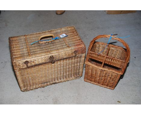 A vintage wicker picnic hamper and a four section wicker bottle carrier.