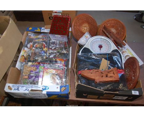 Two boxes to include: Dr Who comics, a small folding table, a bathroom scales, etc.