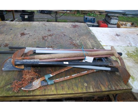 A quantity if garden tools to include: pick, loppers, etc.