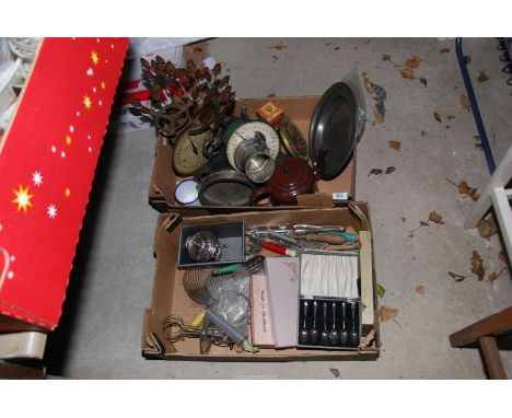 Two boxes of items to include: a vintage kitchen scales, cased cutlery, teapots, tankards, etc.