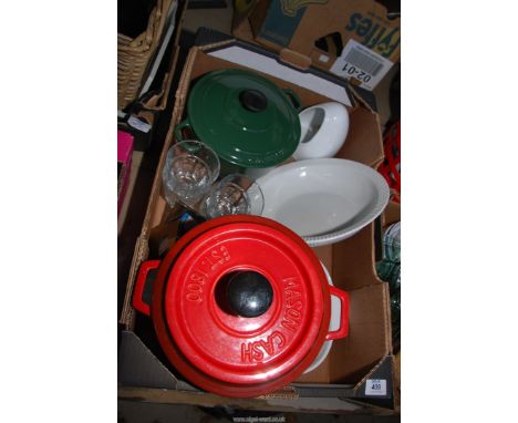 A box of cookware, a Chasseur green cast iron casserole, a Mason Cash casserole and a salt pig.