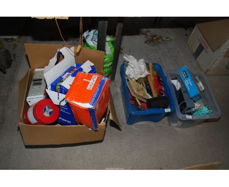 Three boxes of miscellaneous to include: hammer, rubber mallets, de-icer, a Wonderlite projector (as found), Agfascop viewer,