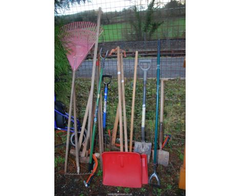 A large quantity of garden tools to include: a rake, hoes, snow shovel, etc.