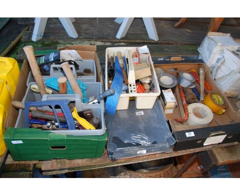 Three boxes of tools to include: hammers, mallets, chisels, crow bars, etc and some flat pack shelving.