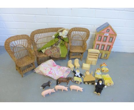 Collection of vintage dolls furniture to include a three piece bamboo conservatory suite and a doll with painted wooden head,