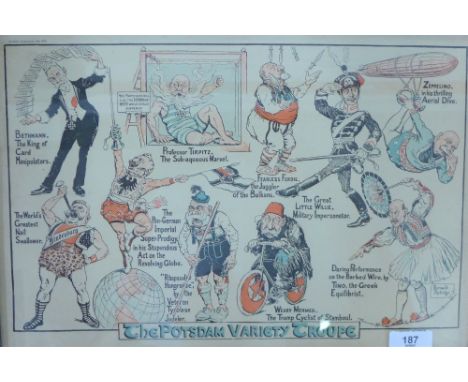 Early 20th century coloured print for Punch's Almanack 1917 - The Potsdam Variety Troupe, in a glazed frame, 40 x 28cm 