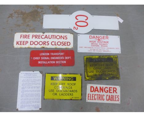A collection of eight vintage enamel Station signs to include CO2, Fire Precautions - Keep Doors Closed, London Transport Chi