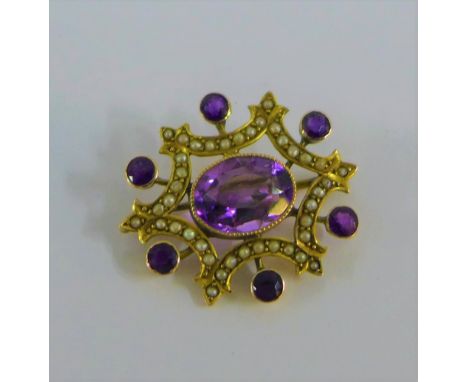 9 carat gold amethyst and seed pearl brooch, stamped 9ct, 3cm long 