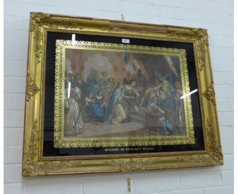 Himeneo De Gonzalo Y Zulema, coloured print, contained under an ebonised and gilded glass panel and within an ornate giltwood
