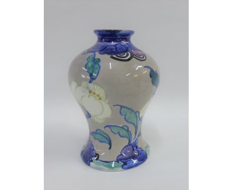 Bough Scottish pottery baluster vase handpainted by Elizabeth Amour with stylised flowers to a blue and grey ground, numbered