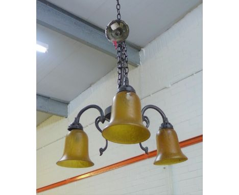 Art Nouveau style three branch light fitting with yellow opaque glass shades