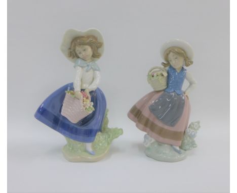 Two Lladro flower girl porcelain figures, with printed backstamps, tallest 18cm 