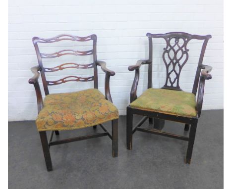 Two mahogany framed open armchairs to include a ladderback chair with upholstered seat and a Chippendale style interlaced spl