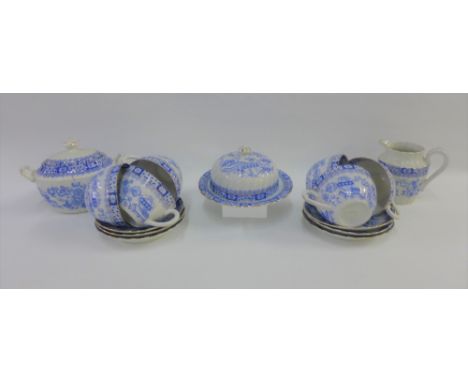 late 19th / early 20th century transfer printed teaset with a chinoiserie pattern comprising six cups, six saucers, muffin di