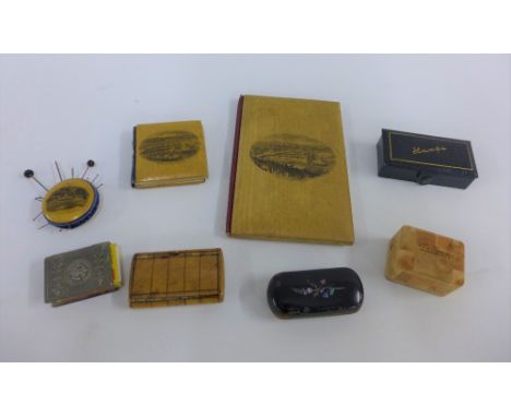 Mixed lot to include Mauchline Ware pin cushion, leather stamps box and a papier mache snuff box, etc (a lot) 