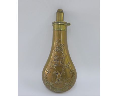 James Marlow &amp; Co copper and brass powder flask with eagle pattern, 20cm long 