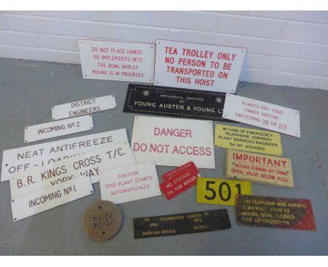 Collection of vintage danger and information signs to include 'Tea Trolley Only, No Persons to be Transported on this Hoist &