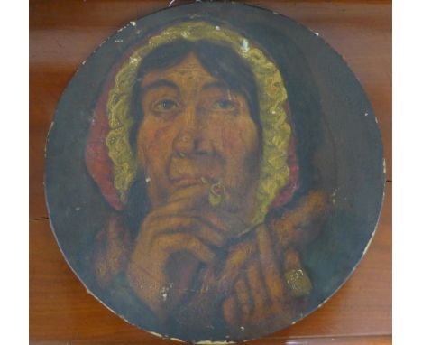 A portrait of Mrs Allan of Marsden Rock, apparently unsigned, unframed on a circular stretcher, 36cm diameter   