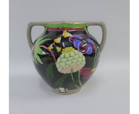 Bough Scottish pottery twin handled vase hand painted with stylised flowers to a black ground, number to the base 620, 16cm h